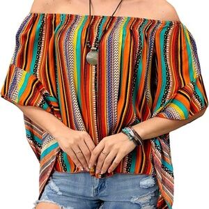 Off Shoulder Striped Blouse - Loose Shirred Half Sleeve Top - Boho Ruffle Trim